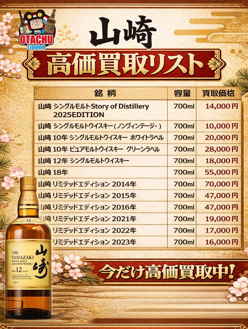山形 ウイスキー買取価格一覧 山崎