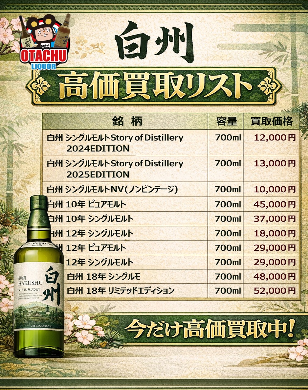 山形 日本酒買取価格一覧 白州